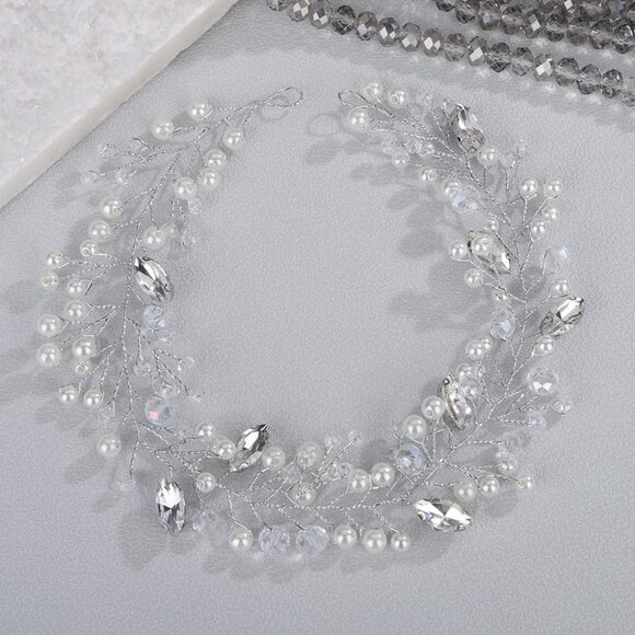 Accessories - Silver Rhinestone Pearl Headband Bridal Wedding Hair Accessories for Women